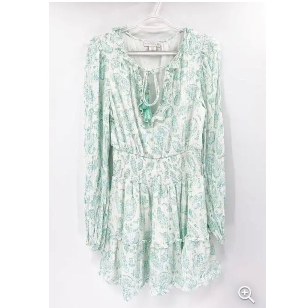 House of Harlow 1960 white turquoise paisley print long sleeved mini dress